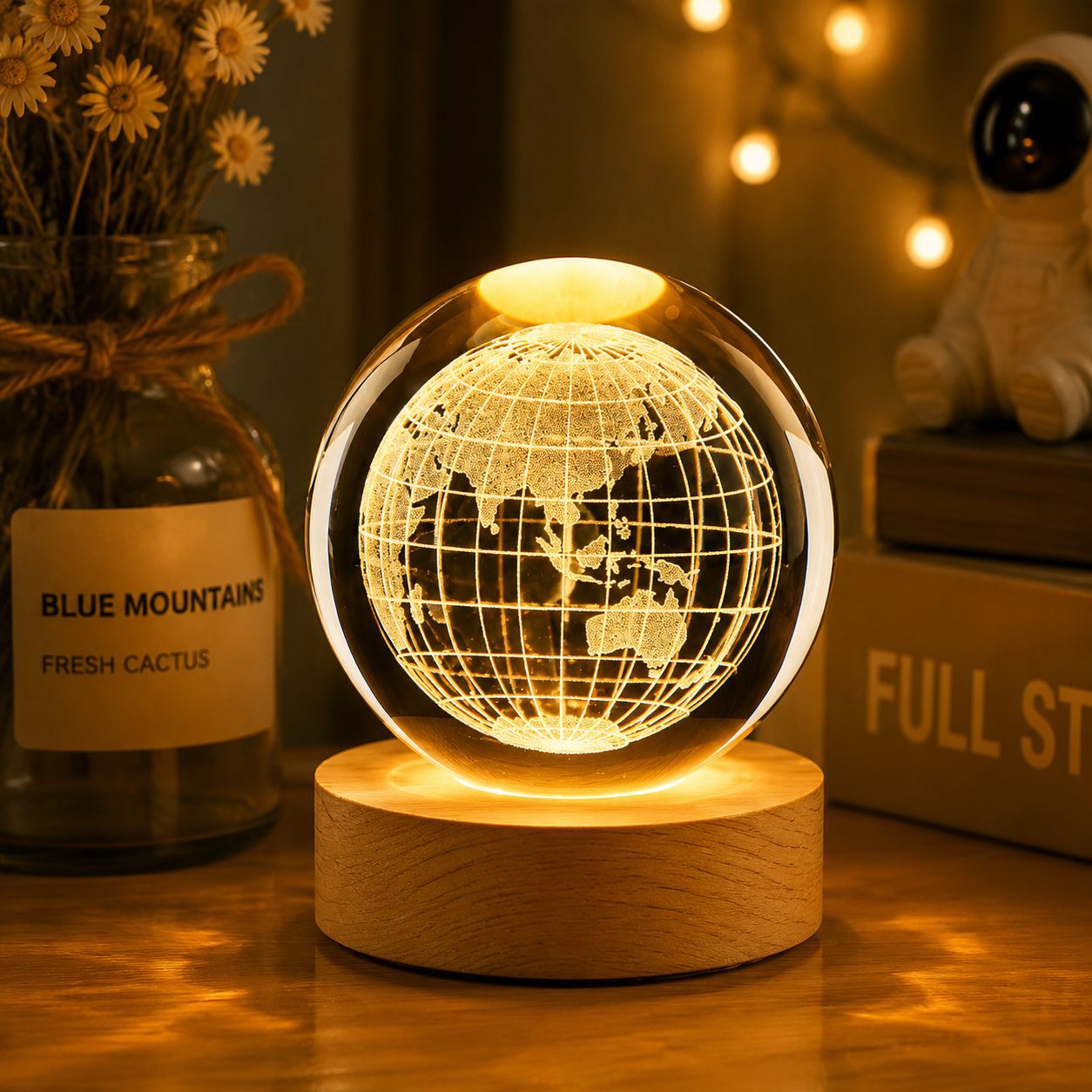 3D Laser-Engraved Crystal Ball Night Light, Smart Led Warm Light Creative Gift, Dreamy Starry Sky Ornament, Bedroom Decoration Overview